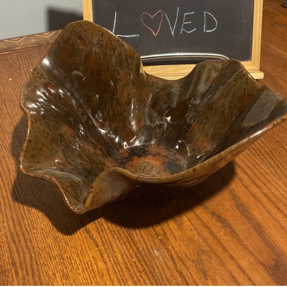 Vintage Handcrafted Glazed Pottery Wavy Record Bowl Speckled Brown Retro MCM
